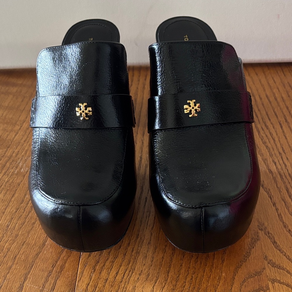 Tory Burch Black Leather Clogs with Gold Accent